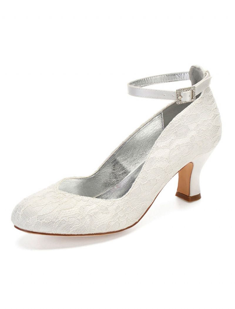 Kvinnors Ankelrem Chunky Lågklackat Spets Bridal Pumps - Elfenben