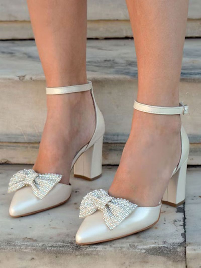 Kvinnors Blockklack Bröllopsskor Spetsad Tå Rhinetones Bow Bridal Pumps - Elfenben