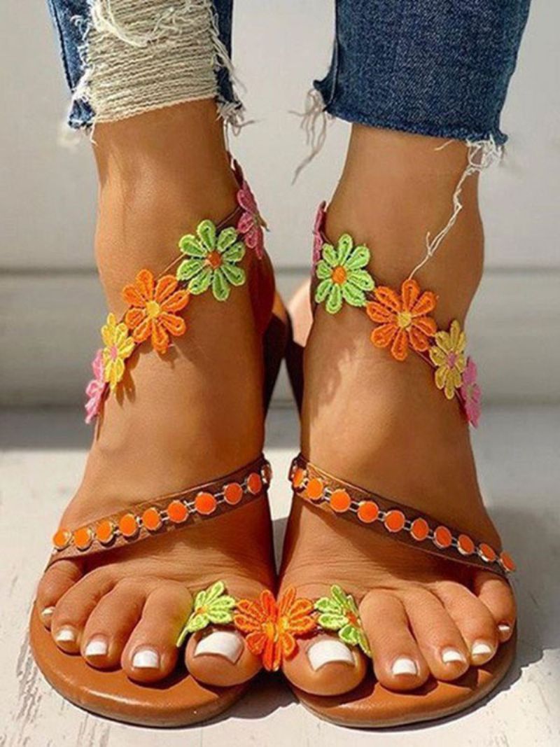 Kvinnors Blommor Flat Beach Boho Bröllopssandaler - Kaffe Brun