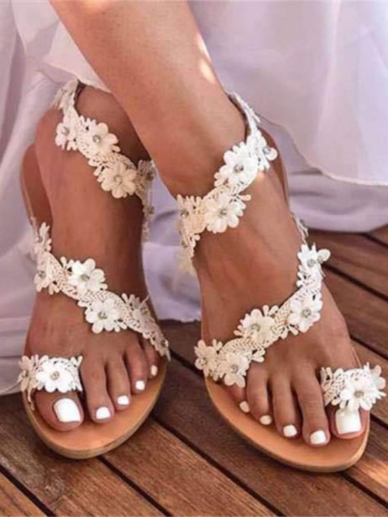 Kvinnors Boho Bröllopsskor Brun Toe Loop Blommor Platta Sandaler