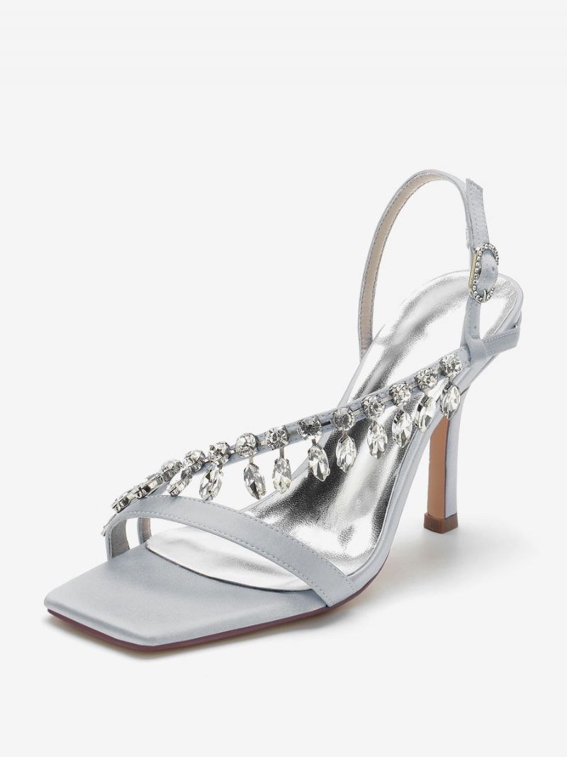 Kvinnors Brudsandaler Elfenben Satin Chic Öppen Tå Strass Bröllopssandaler - Silver