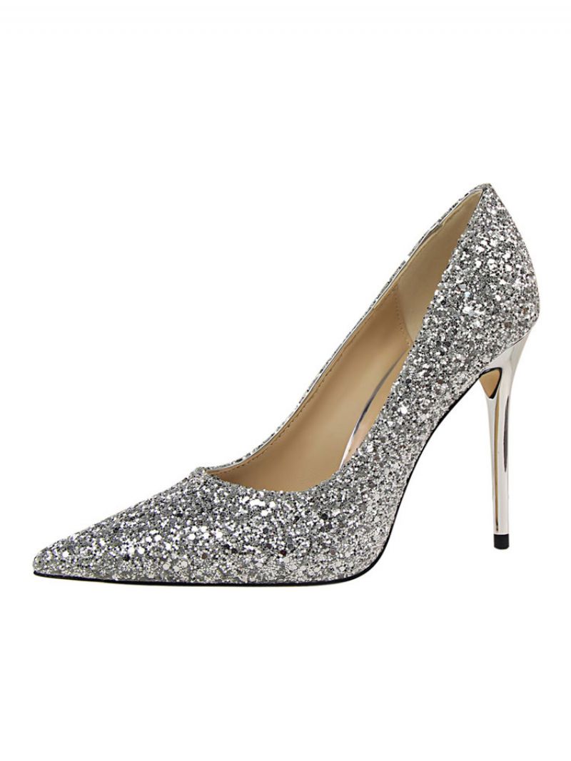 Kvinnors Glitter Evening Pumps Prom Skor - Silver