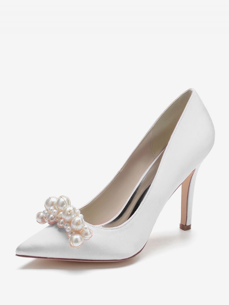 Kvinnors Högklackade Bröllopsskor Satin Spetsiga Tå Pärlor Stiletto Heel Bridal Pumps