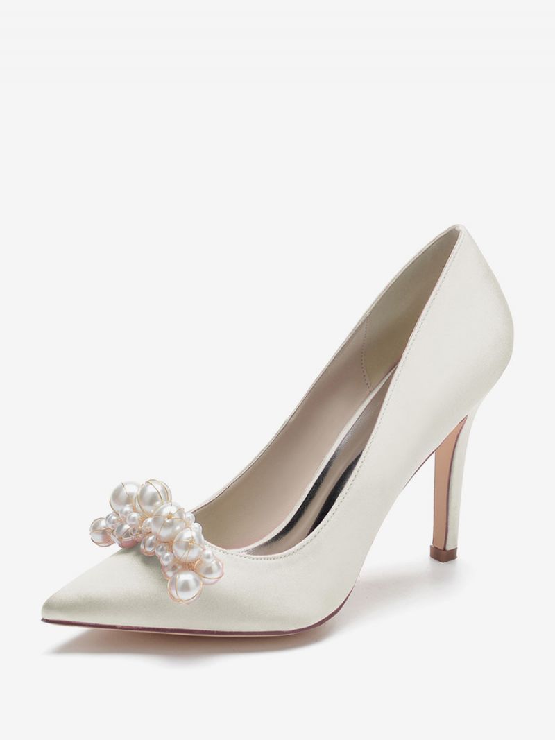 Kvinnors Högklackade Bröllopsskor Satin Spetsiga Tå Pärlor Stiletto Heel Bridal Pumps - Elfenben