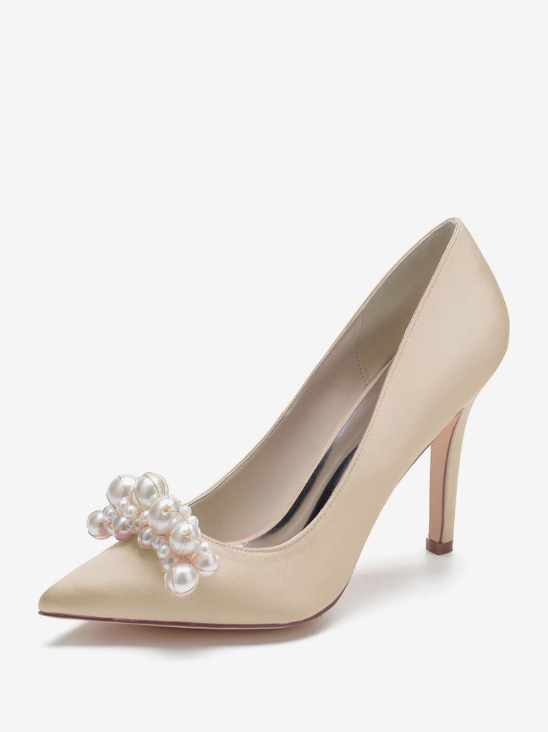 Kvinnors Högklackade Bröllopsskor Satin Spetsiga Tå Pärlor Stiletto Heel Bridal Pumps - Champagne