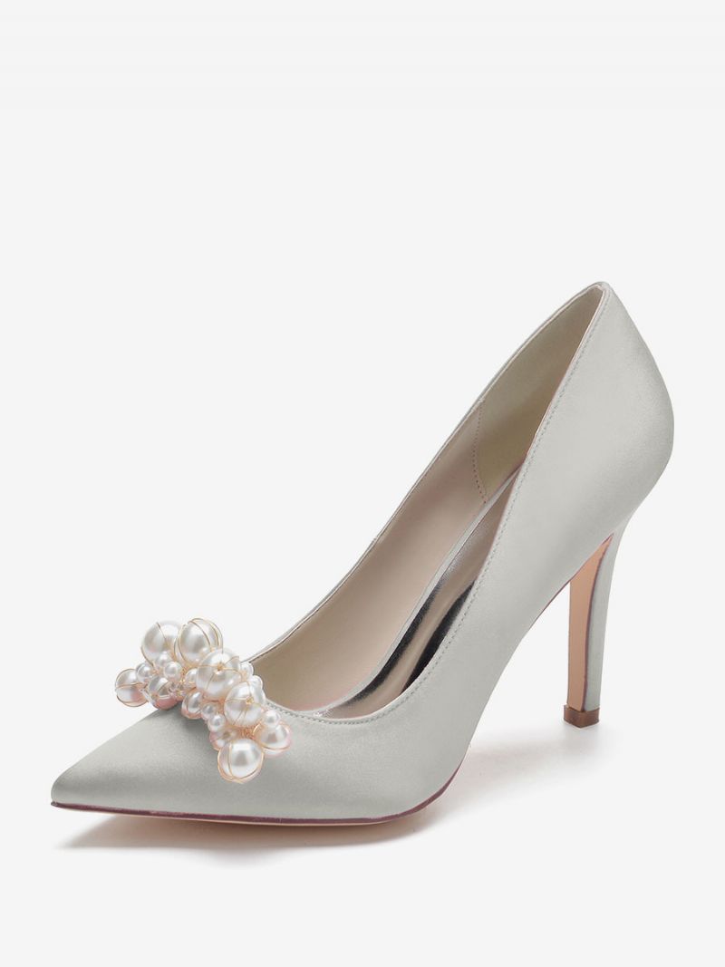 Kvinnors Högklackade Bröllopsskor Satin Spetsiga Tå Pärlor Stiletto Heel Bridal Pumps - Silver