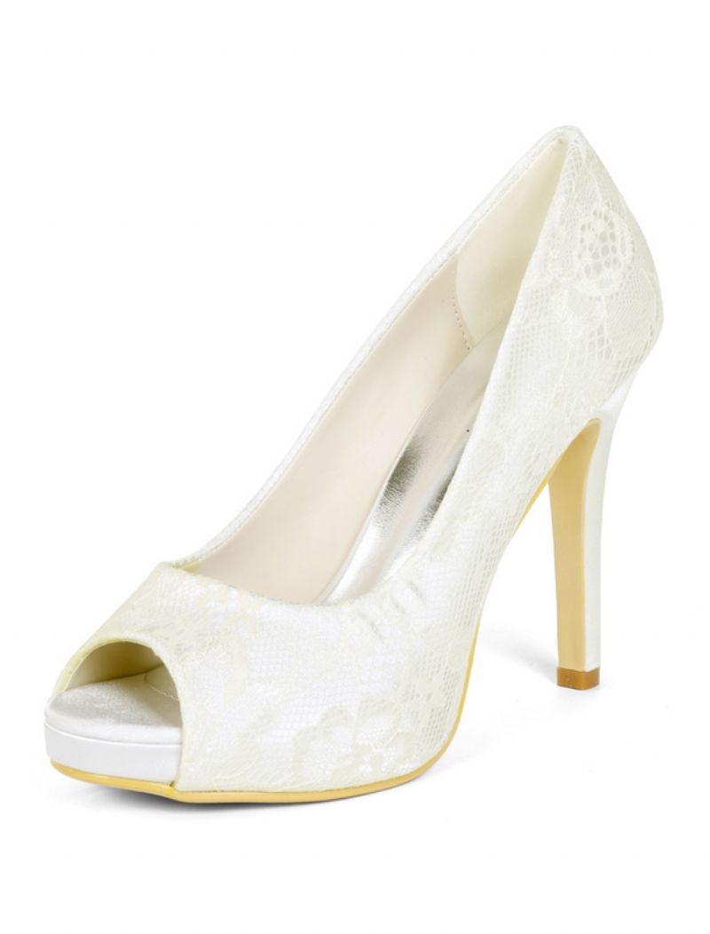 Kvinnors Ivory Bröllopsskor Spets Peep Toe Högklackat Mother Of The Bride Skor - Elfenben