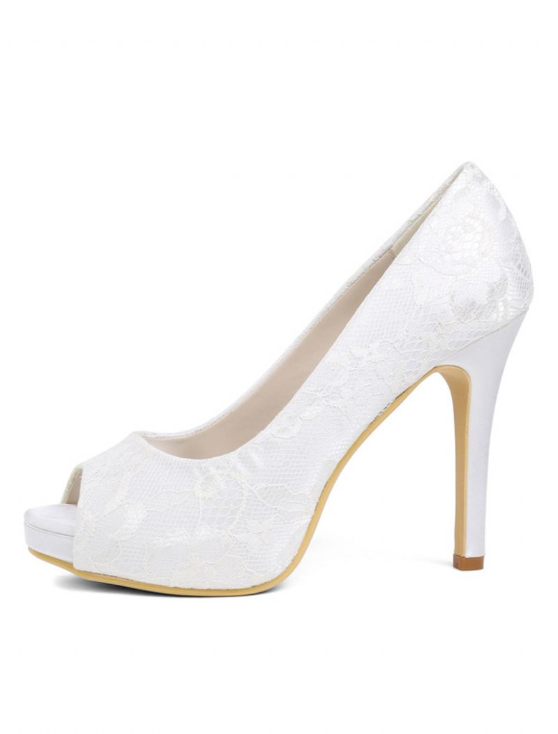 Kvinnors Ivory Bröllopsskor Spets Peep Toe Högklackat Mother Of The Bride Skor - Vit