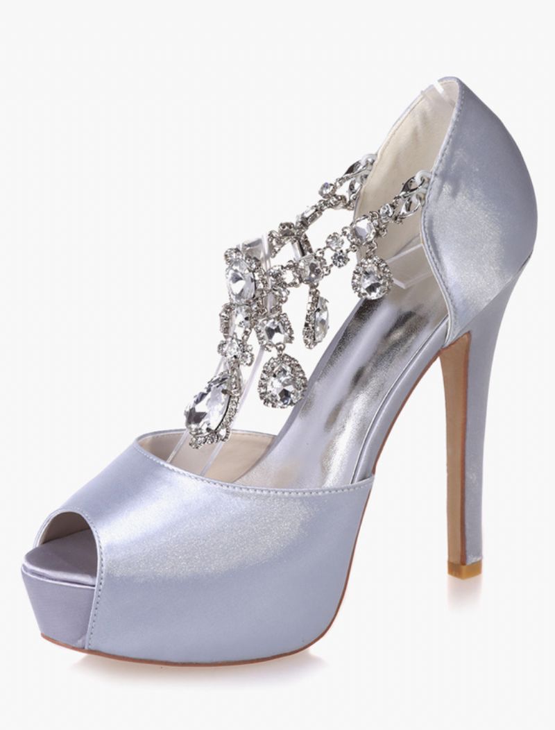 Kvinnors Kristallplattform Peep Toe-klackade Brudpumpar - Silver