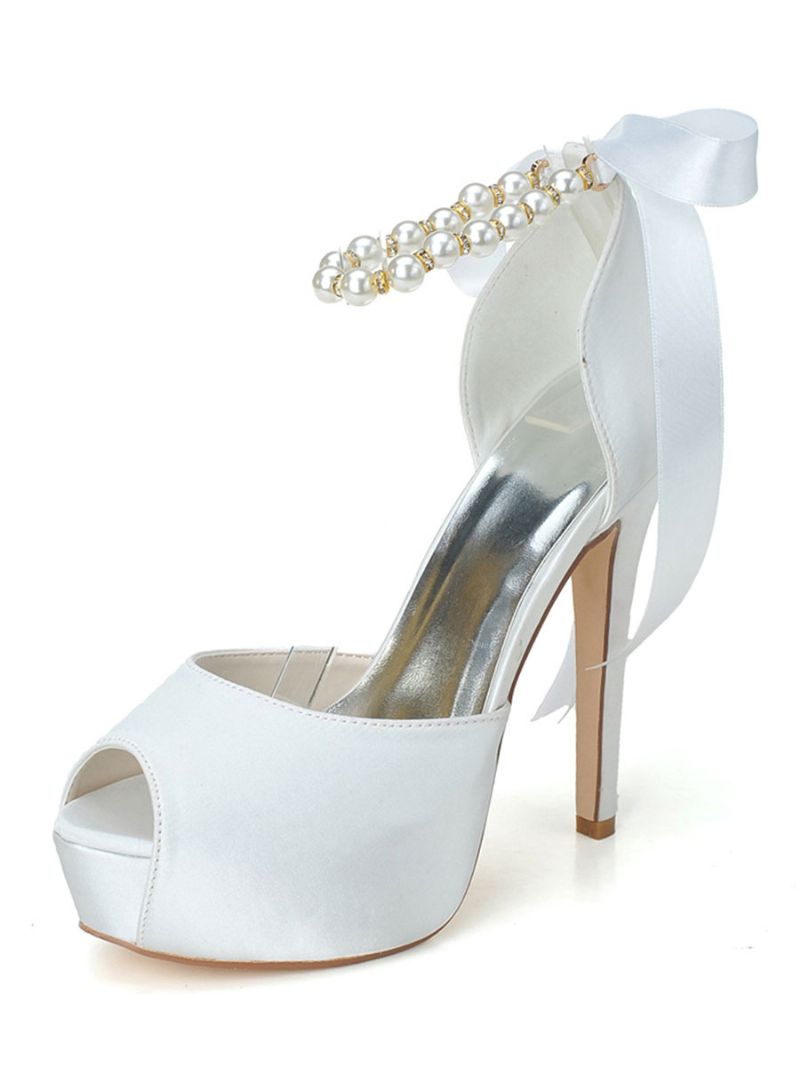 Kvinnors Pärlor Snörning Plattform Peep Toe Heeled Bridal Pumps