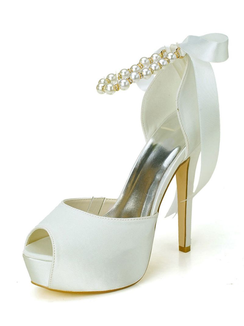 Kvinnors Pärlor Snörning Plattform Peep Toe Heeled Bridal Pumps - Elfenben