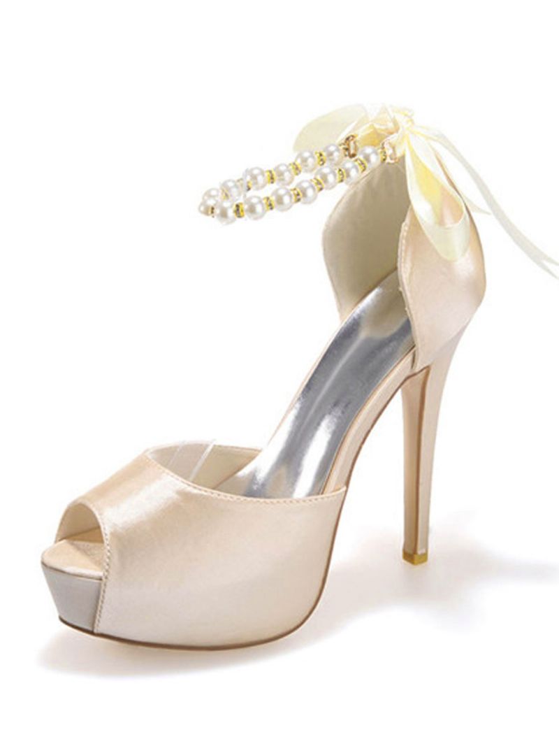 Kvinnors Pärlor Snörning Plattform Peep Toe Heeled Bridal Pumps - Champagne