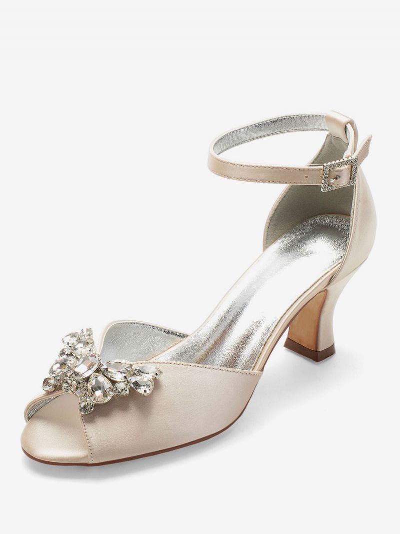 Kvinnors Peep Toe Brudskor Ankelrem Chunky Låg Klack - Champagne