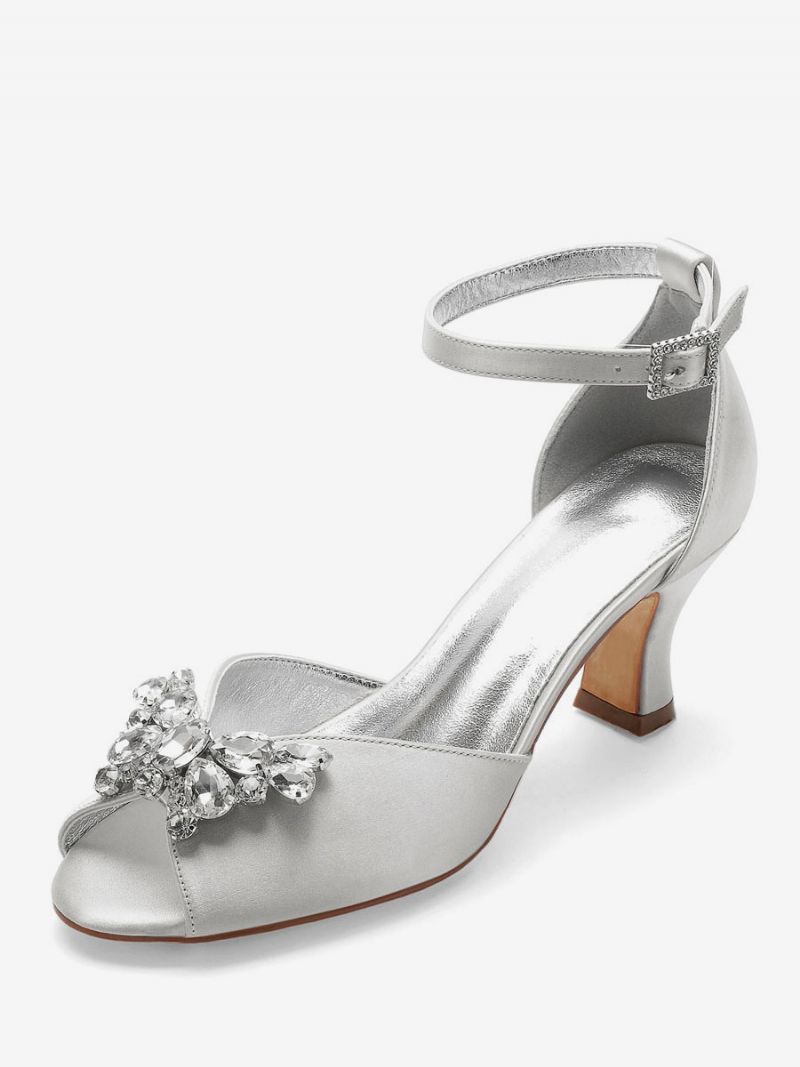 Kvinnors Peep Toe Brudskor Ankelrem Chunky Låg Klack - Silver