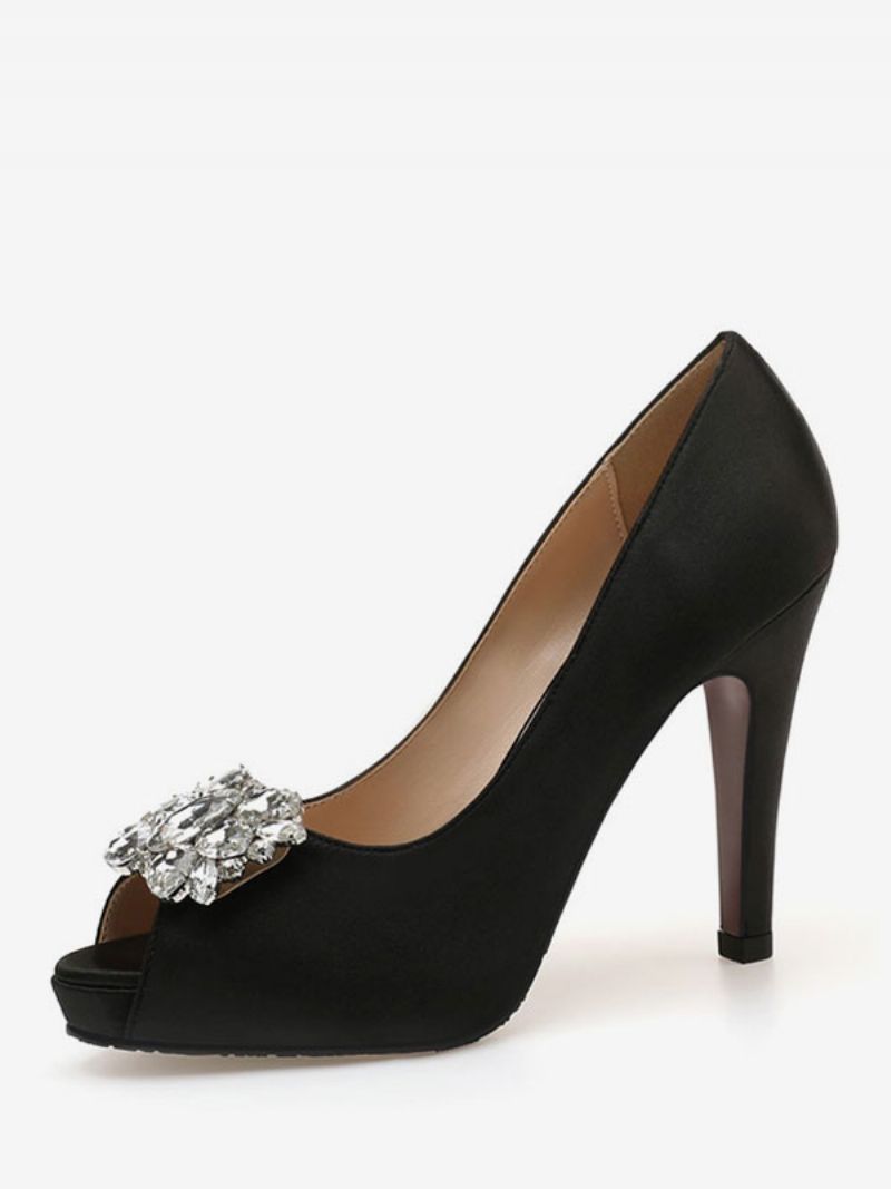 Kvinnors Peep Toe Rhinestone Brudskor Klackade Pumps - Svart