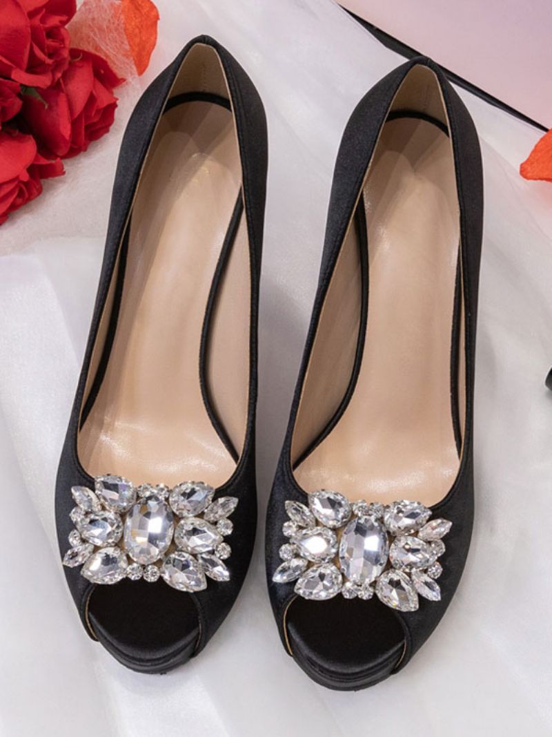 Kvinnors Peep Toe Rhinestone Brudskor Klackade Pumps - Svart