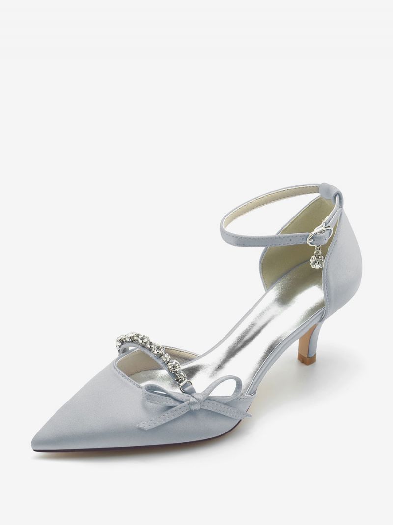 Kvinnors Satin Bröllopsskor Spetsad Tå Strass Bow Bridal Pumps