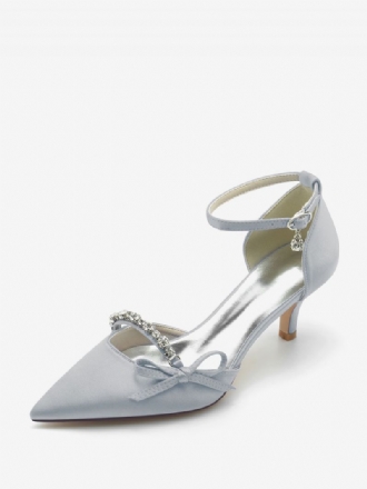 Kvinnors Satin Bröllopsskor Spetsad Tå Strass Bow Bridal Pumps