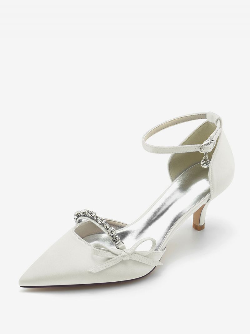 Kvinnors Satin Bröllopsskor Spetsad Tå Strass Bow Bridal Pumps - Elfenben