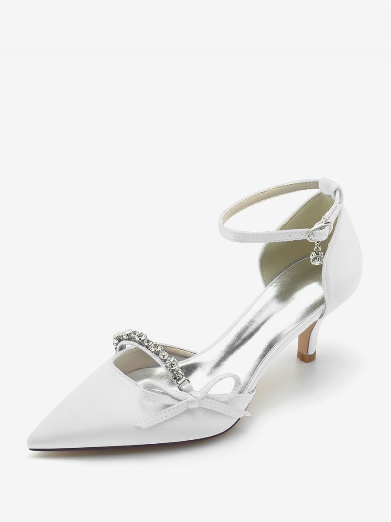 Kvinnors Satin Bröllopsskor Spetsad Tå Strass Bow Bridal Pumps - Vit