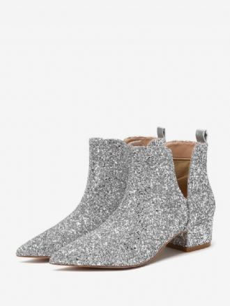 Kvinnors Silverbröllopsskor Fyrkantig Tå Glitter Block Klack Ankelboots