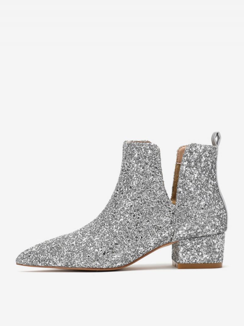 Kvinnors Silverbröllopsskor Fyrkantig Tå Glitter Block Klack Ankelboots - Silver