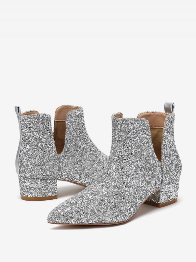 Kvinnors Silverbröllopsskor Fyrkantig Tå Glitter Block Klack Ankelboots - Silver