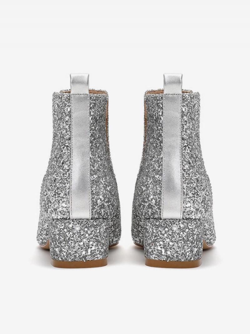 Kvinnors Silverbröllopsskor Fyrkantig Tå Glitter Block Klack Ankelboots - Silver