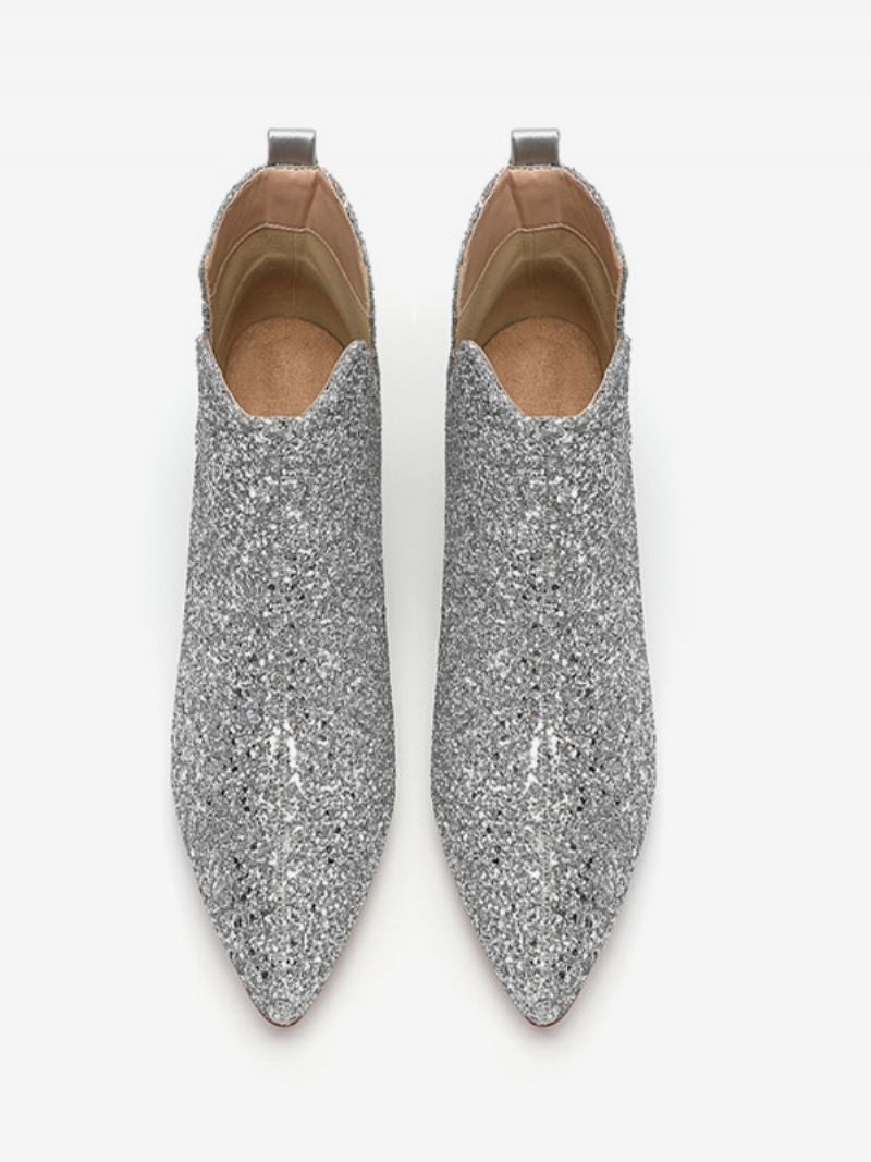 Kvinnors Silverbröllopsskor Fyrkantig Tå Glitter Block Klack Ankelboots - Silver