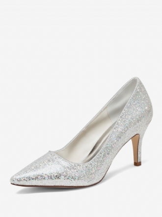 Kvinnors Silverbröllopsskor Glitter Spetsad Tå Kitten Heel Bridal Pumps