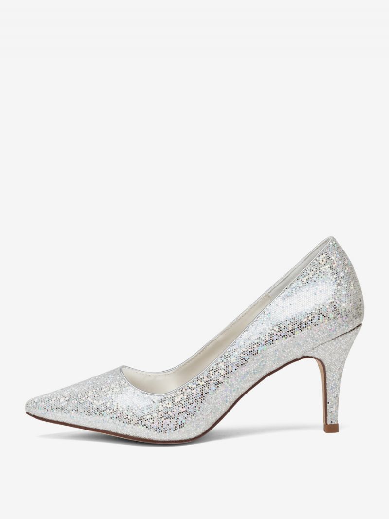 Kvinnors Silverbröllopsskor Glitter Spetsad Tå Kitten Heel Bridal Pumps - Silver