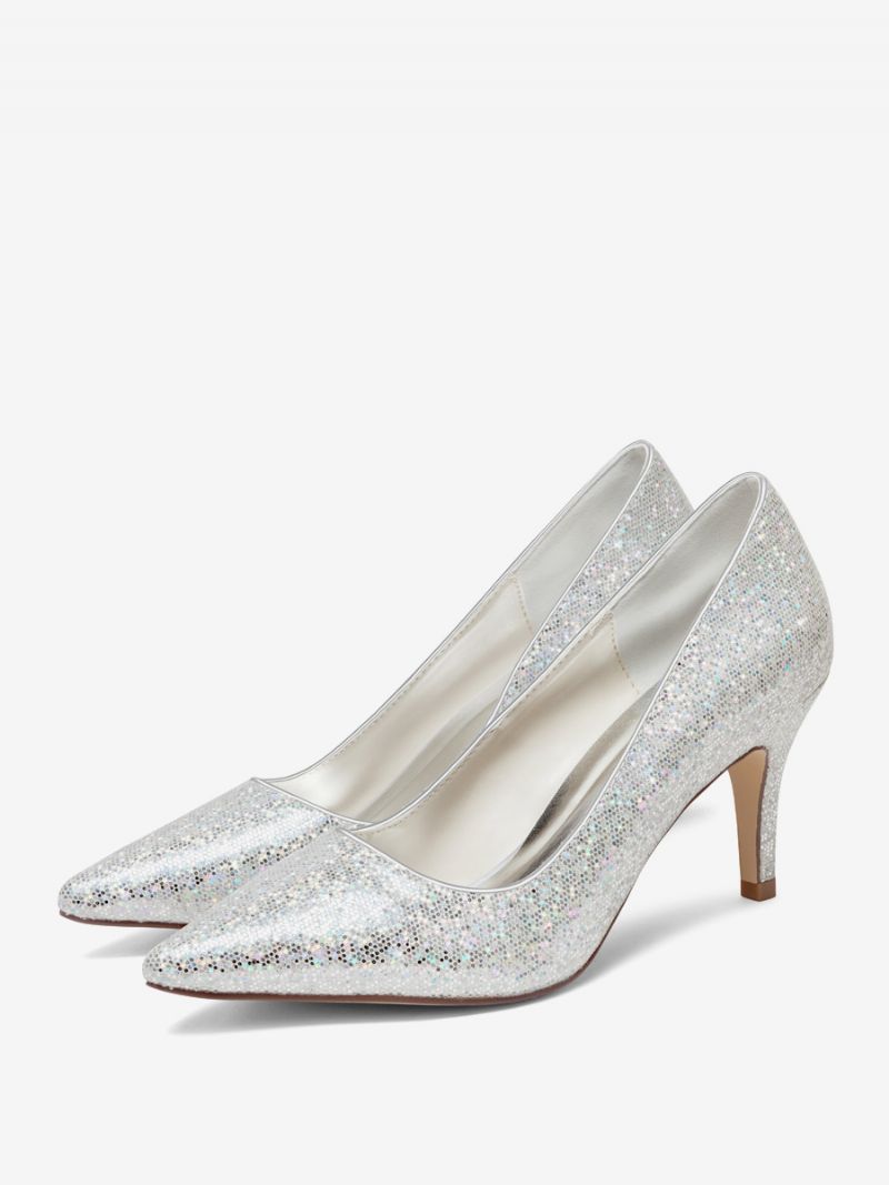 Kvinnors Silverbröllopsskor Glitter Spetsad Tå Kitten Heel Bridal Pumps - Silver