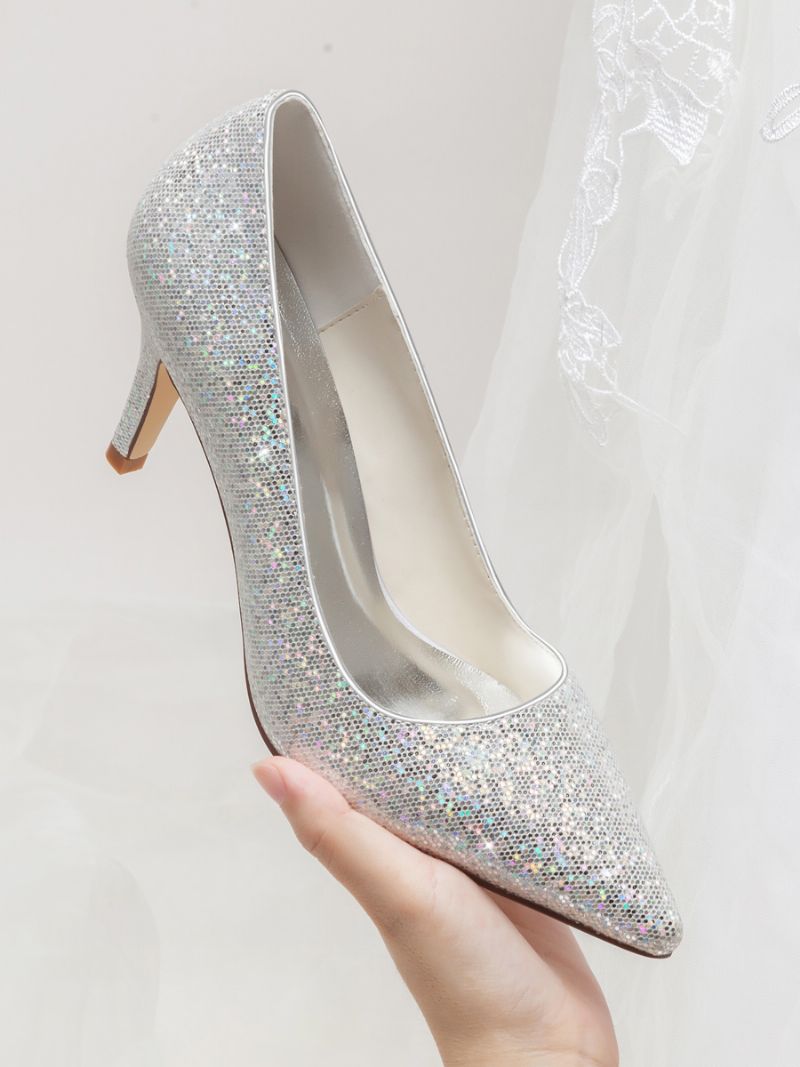 Kvinnors Silverbröllopsskor Glitter Spetsad Tå Kitten Heel Bridal Pumps - Silver