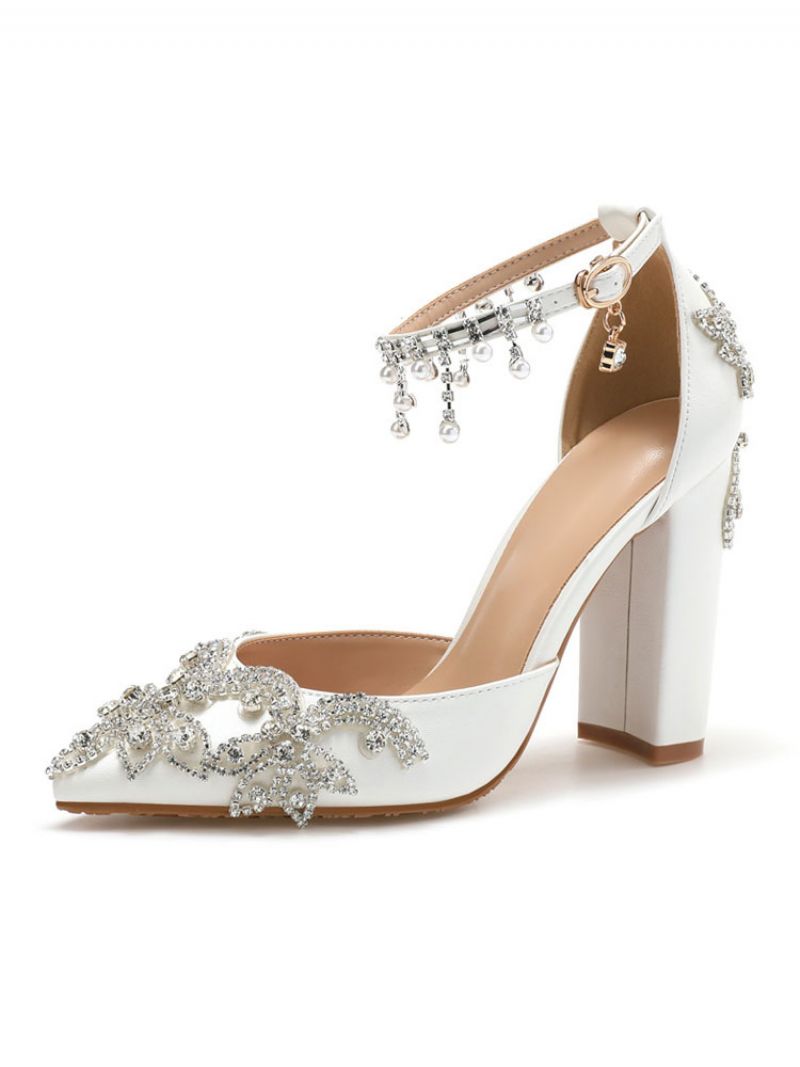 Kvinnors Smyckade Ankelrem Chunky Heel Bridal Pumps - Vit