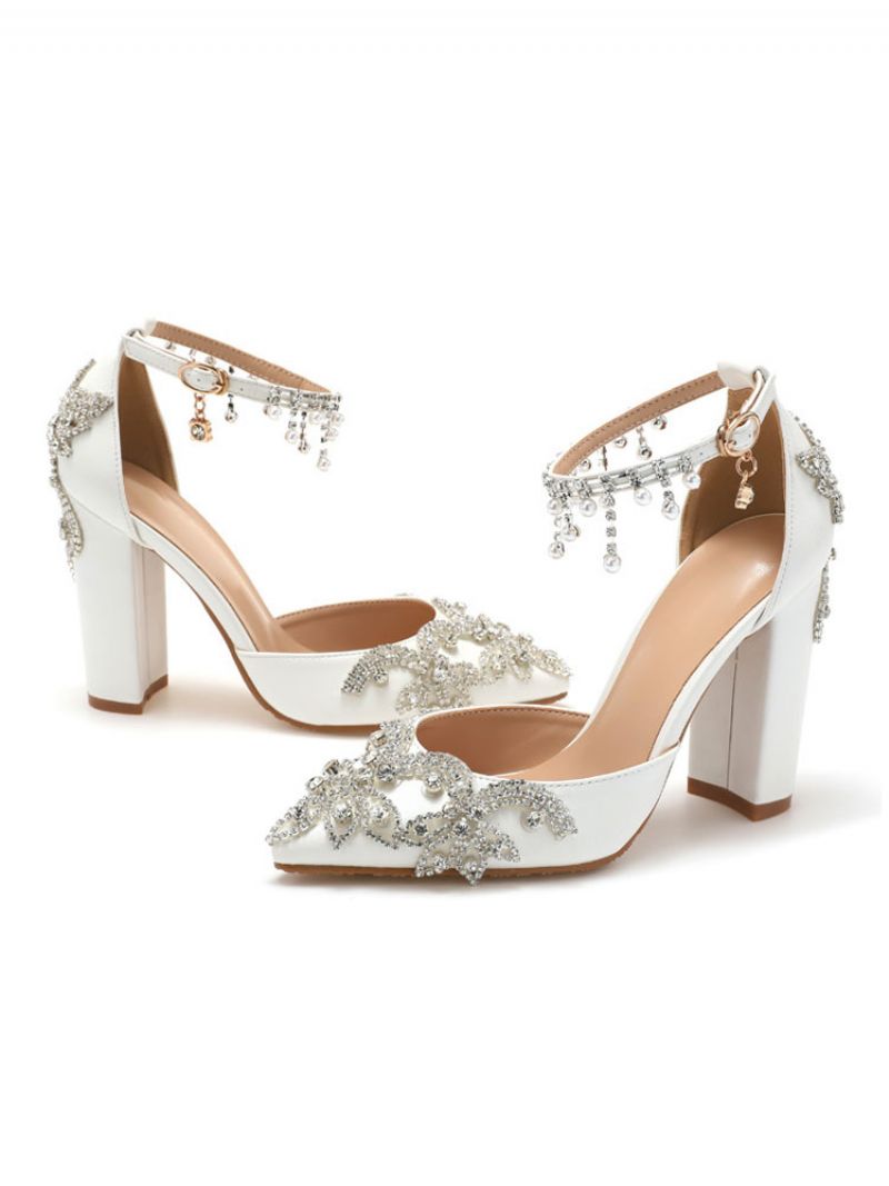 Kvinnors Smyckade Ankelrem Chunky Heel Bridal Pumps - Vit