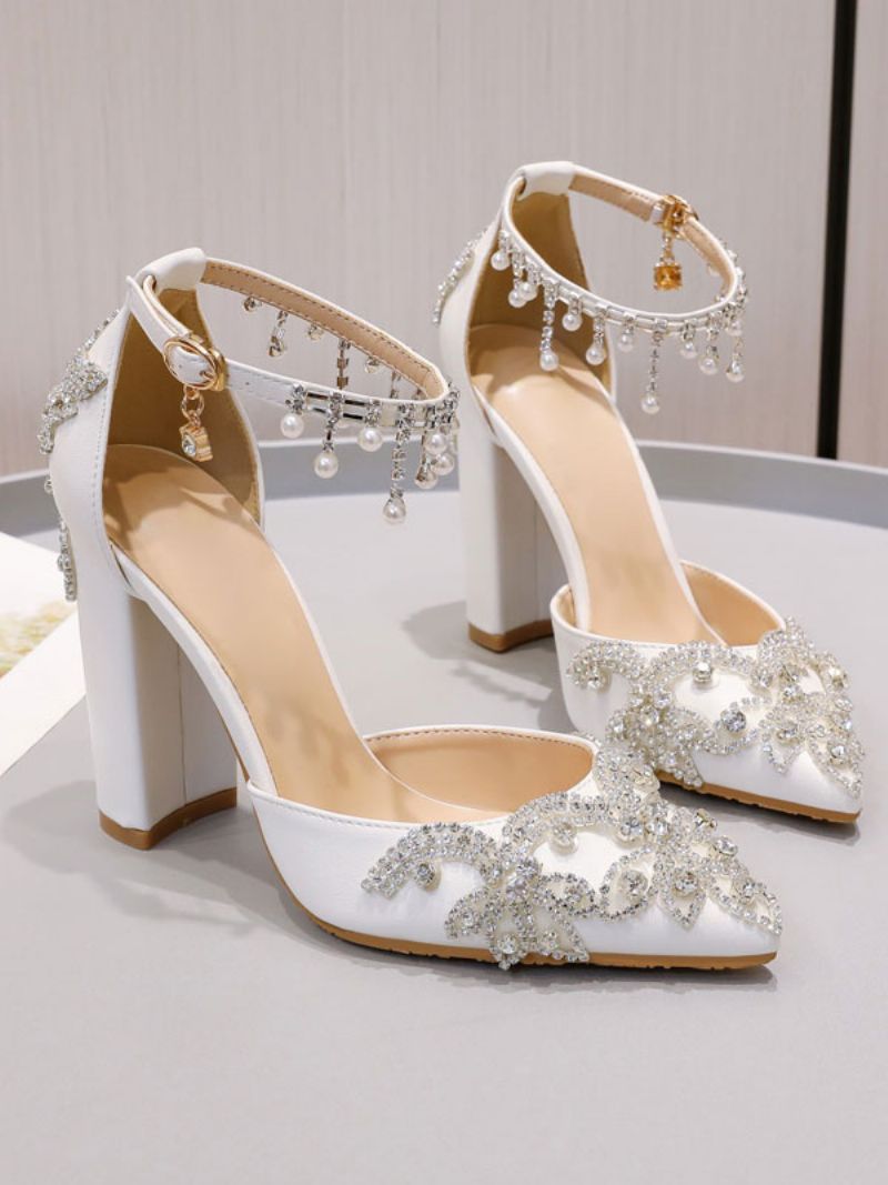 Kvinnors Smyckade Ankelrem Chunky Heel Bridal Pumps - Vit