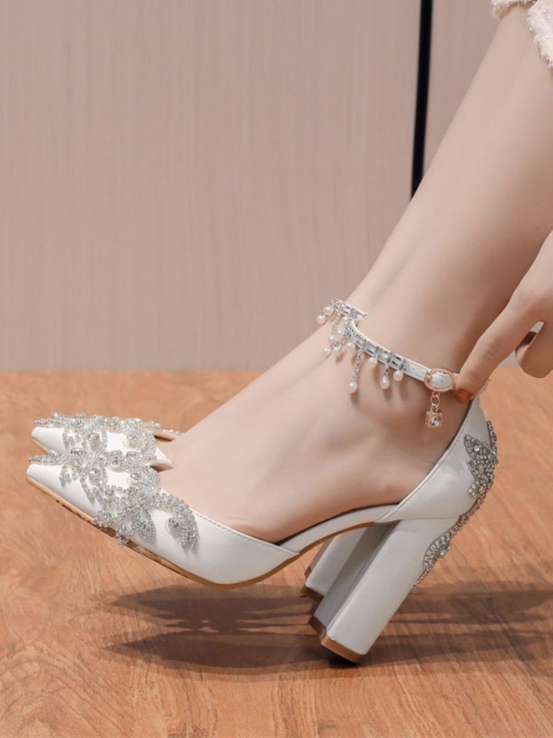 Kvinnors Smyckade Ankelrem Chunky Heel Bridal Pumps - Vit