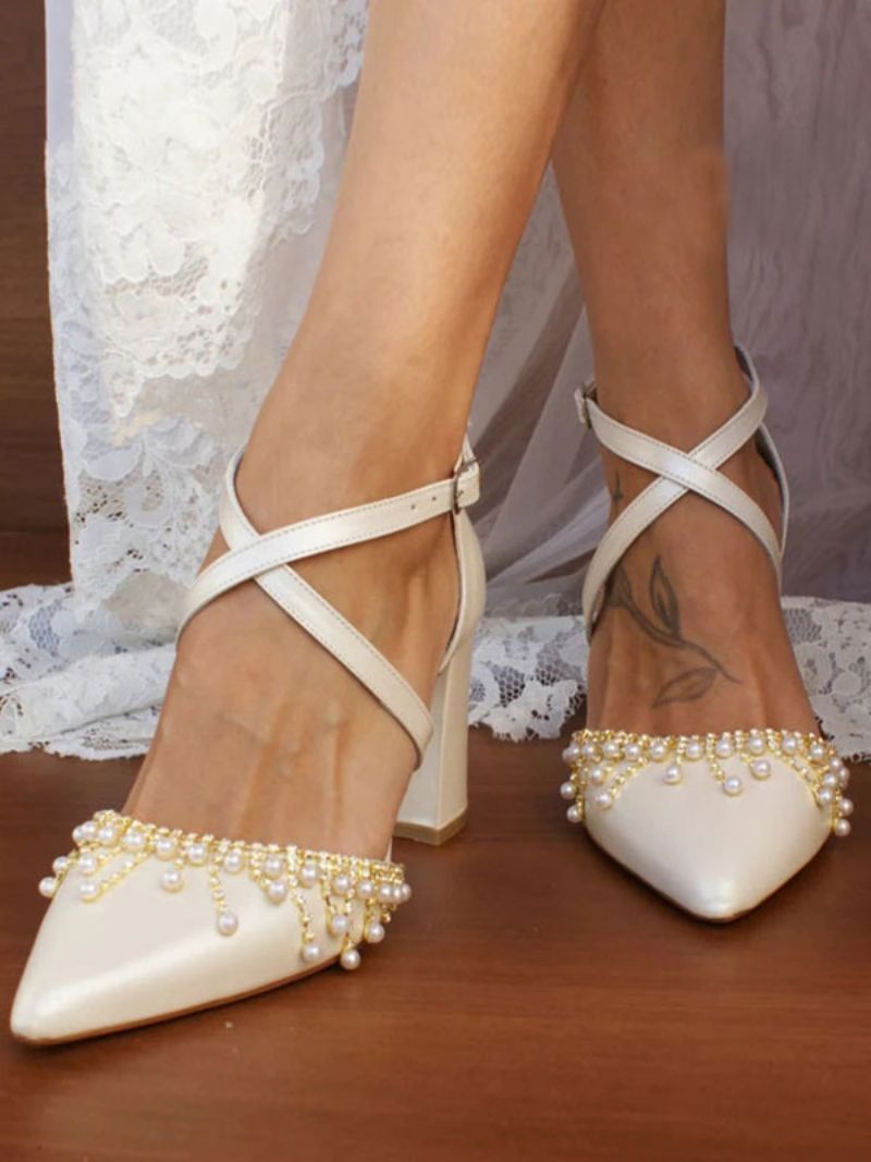 Kvinnors Vita Bröllopsskor Pu-läder Spetsad Tå Pärlor Bridal Pumps