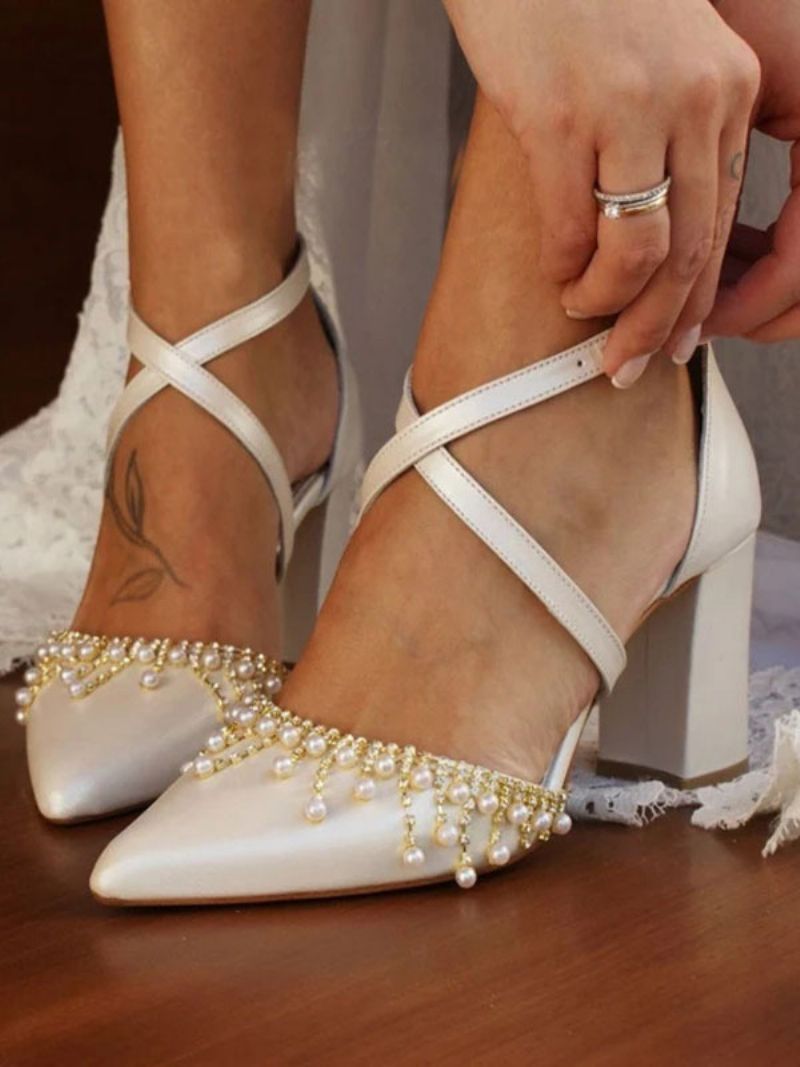 Kvinnors Vita Bröllopsskor Pu-läder Spetsad Tå Pärlor Bridal Pumps - Vit