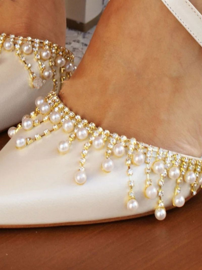 Kvinnors Vita Bröllopsskor Pu-läder Spetsad Tå Pärlor Bridal Pumps - Vit