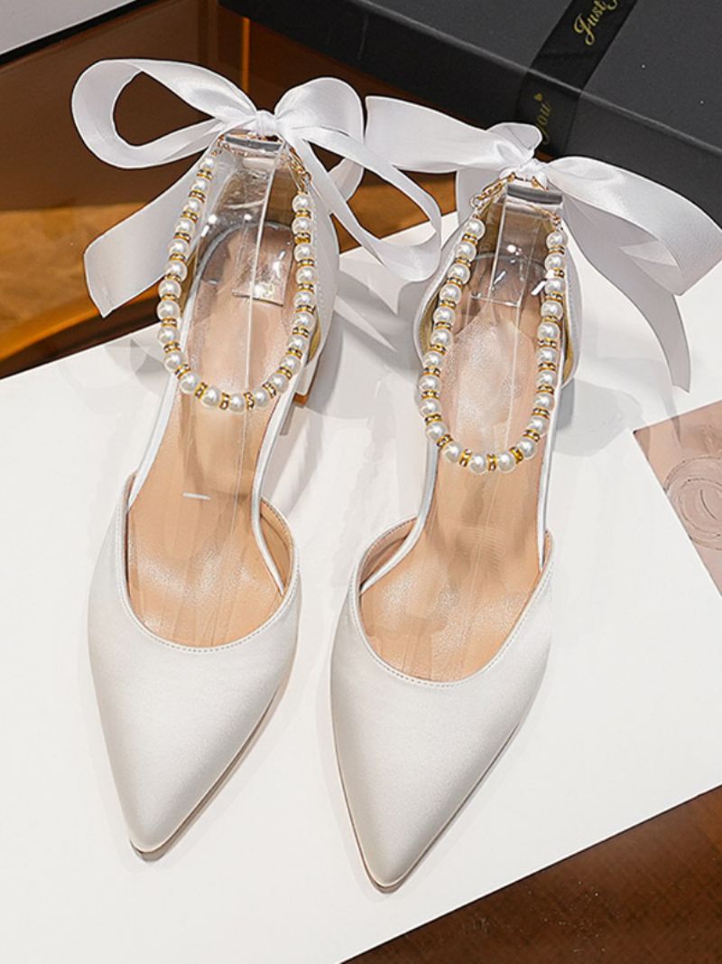 Kvinnors Vita Bröllopsskor Satin Spetsad Tå Pärlor Bow Bridal Pumps - Vit