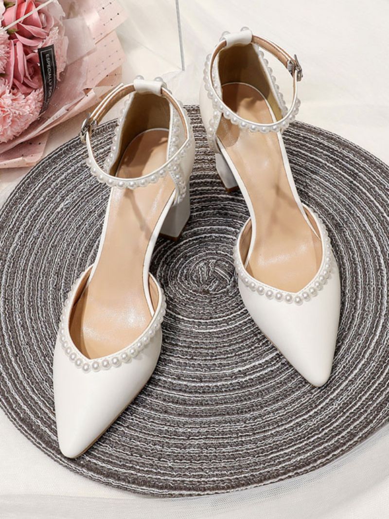 Kvinnors Vita Bröllopsskor Spetsiga Tå Pärlor Block Heel Bridal Pumps - Vit