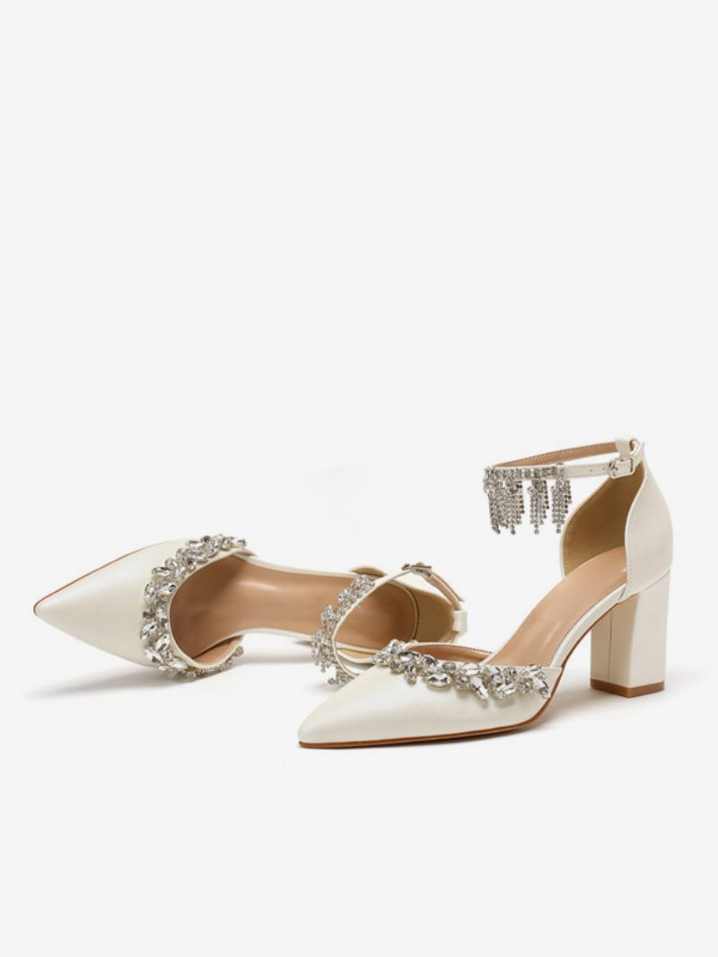 Kvinnors Vita Bröllopsskor Strass Spetsad Tå Ankelrem Bridal Pumps - Beige