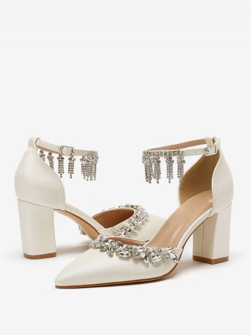 Kvinnors Vita Bröllopsskor Strass Spetsad Tå Ankelrem Bridal Pumps - Beige