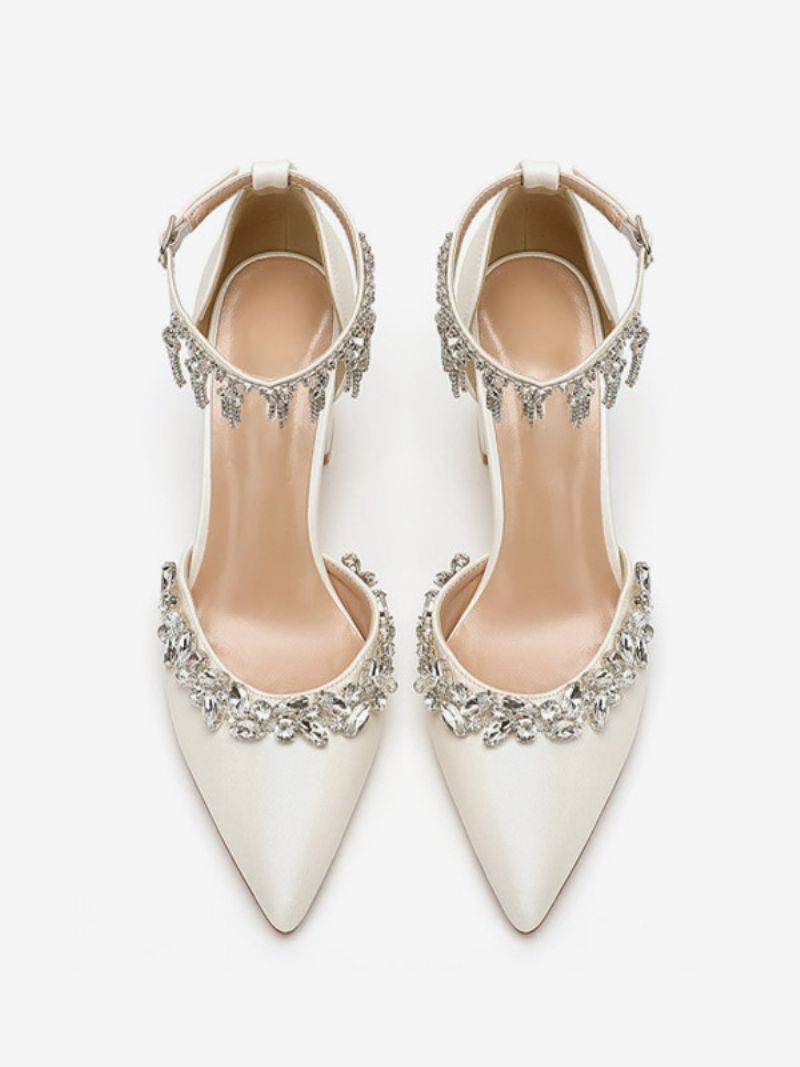 Kvinnors Vita Bröllopsskor Strass Spetsad Tå Ankelrem Bridal Pumps - Beige