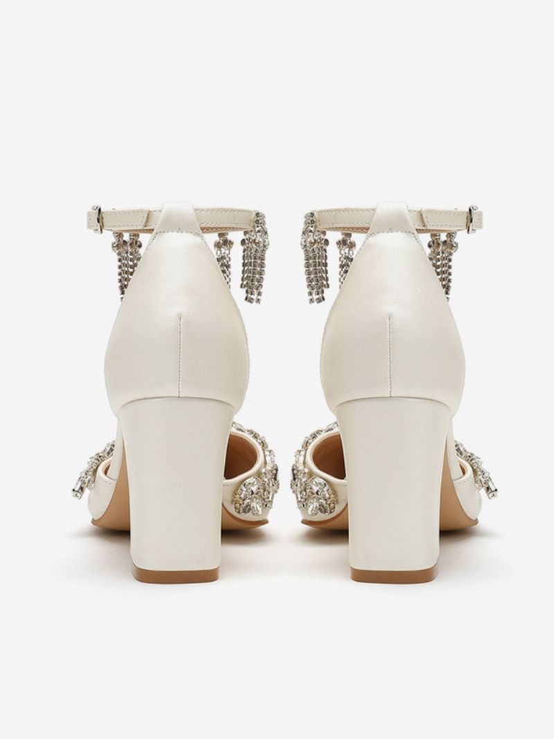 Kvinnors Vita Bröllopsskor Strass Spetsad Tå Ankelrem Bridal Pumps - Beige