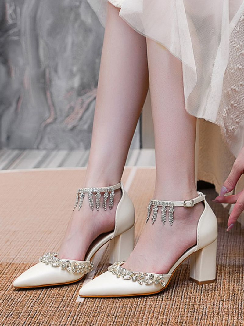 Kvinnors Vita Bröllopsskor Strass Spetsad Tå Ankelrem Bridal Pumps - Beige