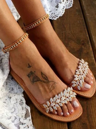 Platt Ankelrem För Kvinnor Rhinestone Boho Brudskor