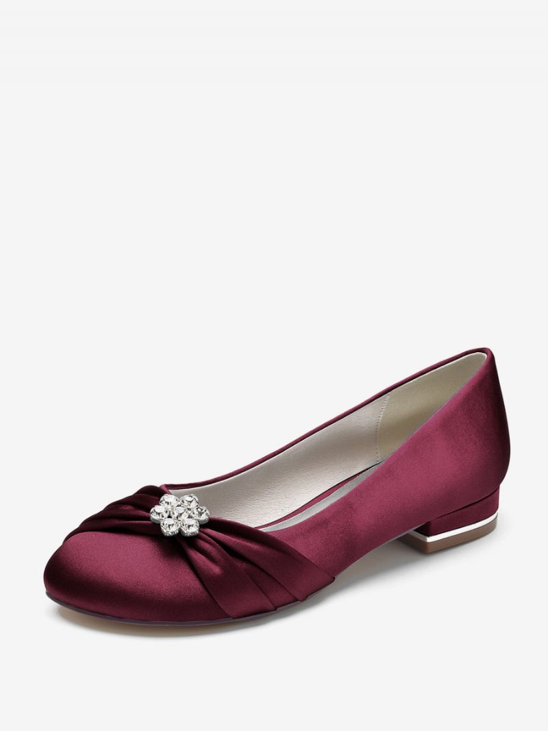 Platta Bröllopsskor För Kvinnor Satin Rund Toe Strass Mother Of The Bride Skor - Bourgogne