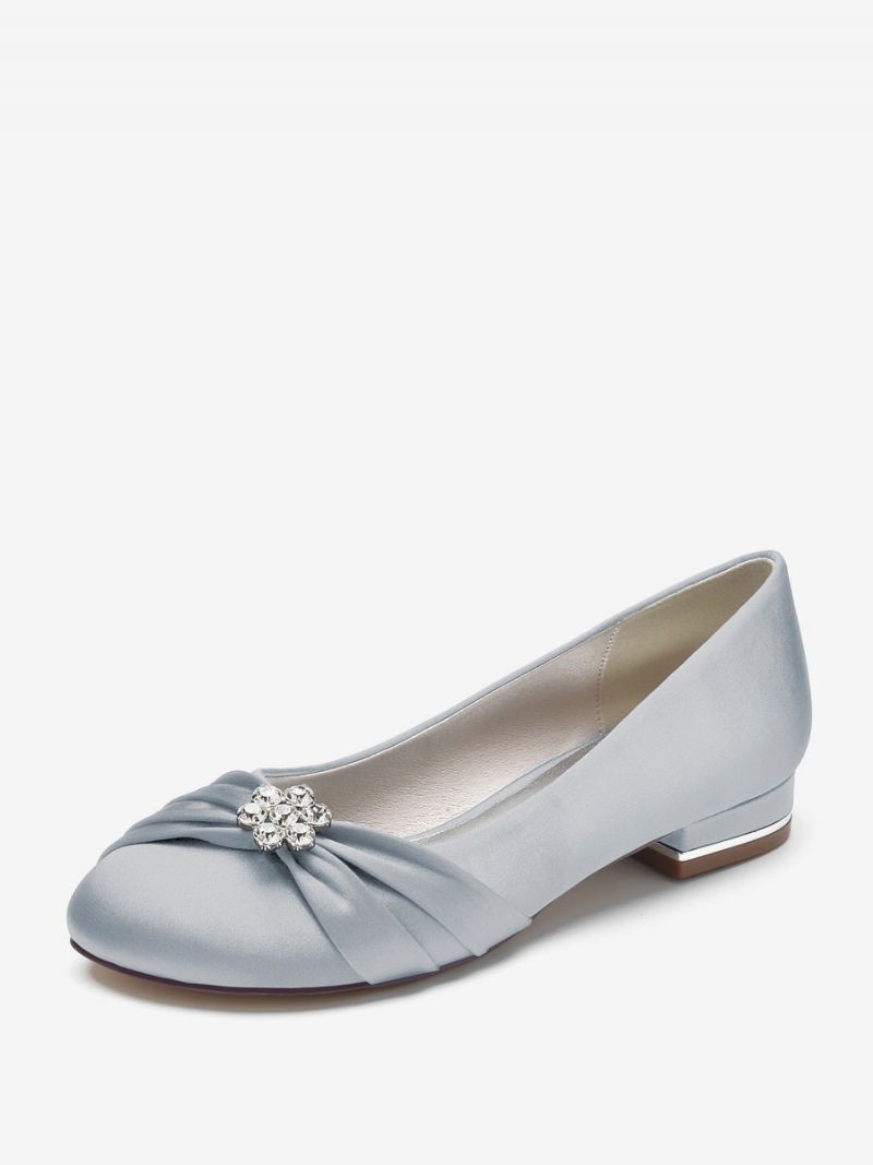 Platta Bröllopsskor För Kvinnor Satin Rund Toe Strass Mother Of The Bride Skor - Silver